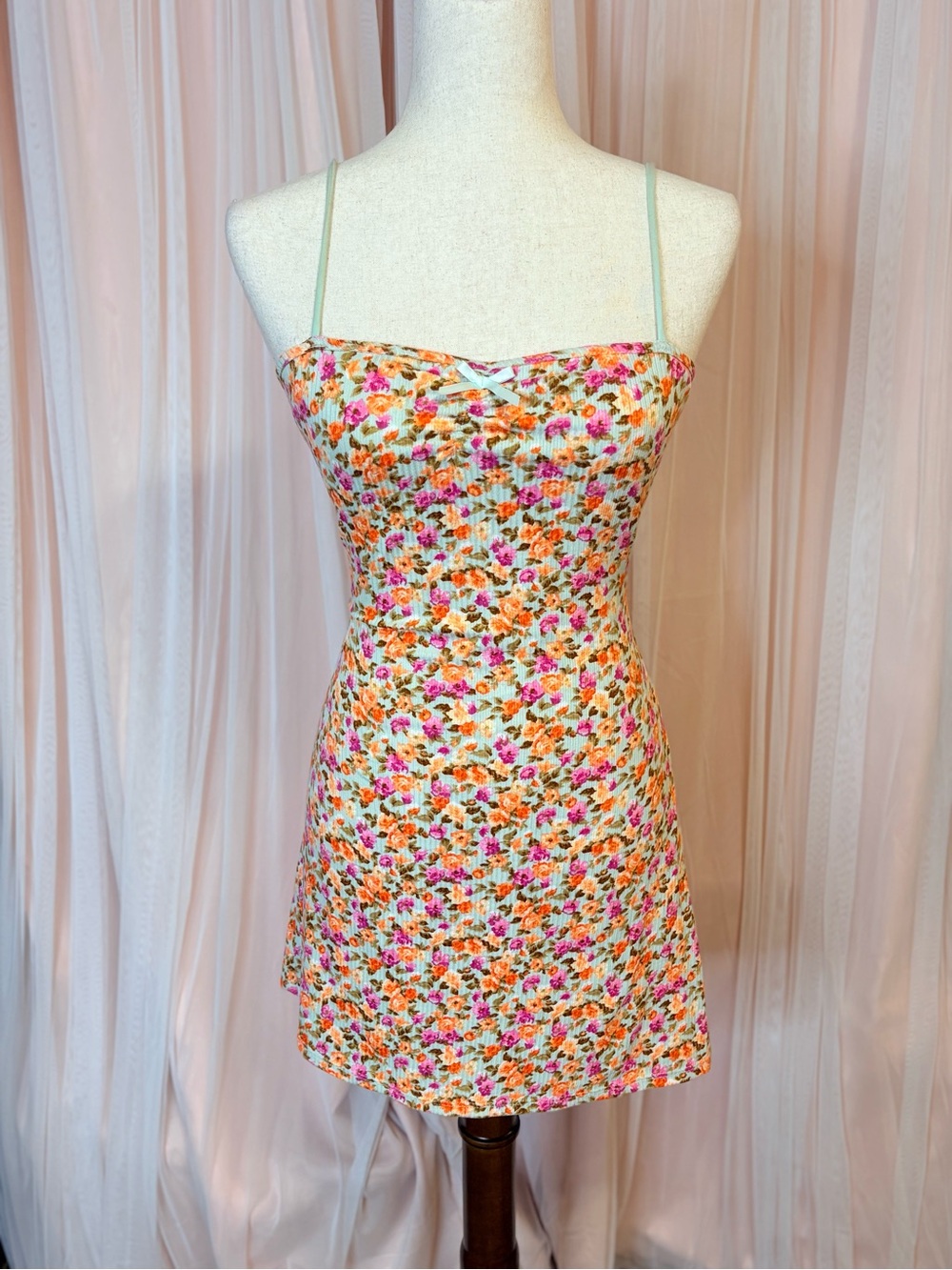 ASOS Floral Lace Up Back Mini Dress Ribbed Cami Coquette Cottagecore S/M